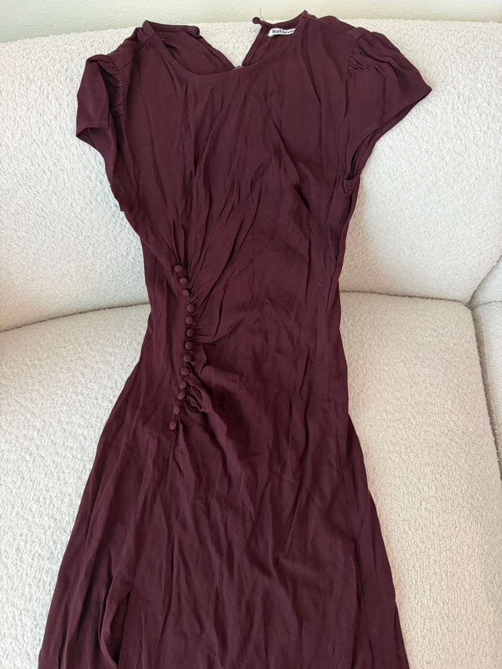 Reformation Burgundy Ruched Button Detail Midi Dress